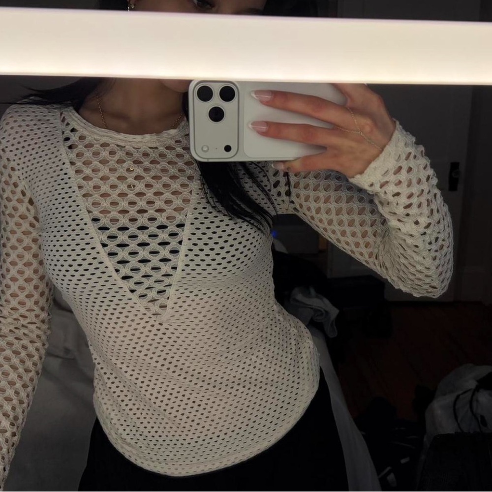 BCBGMaxAzria Cream Open-Knit Long Sleeve Top